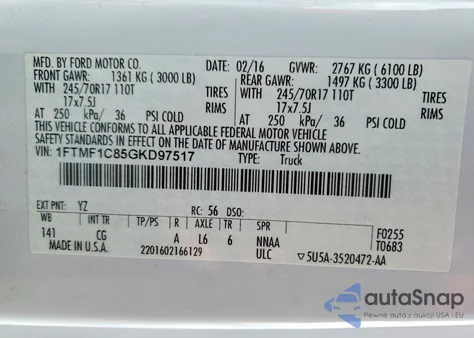 2016 Ford F150 from USA, damaged, VIN 1FTMF1C85GKD97517